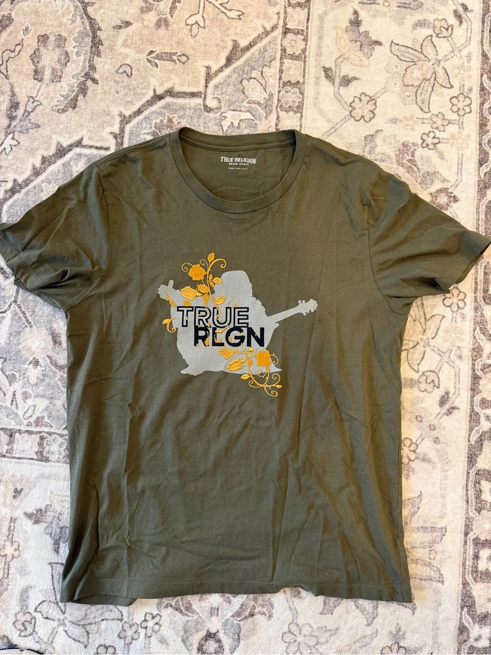 True Religion Olive Short-Sleeve Tee with Yellow & White Graphic